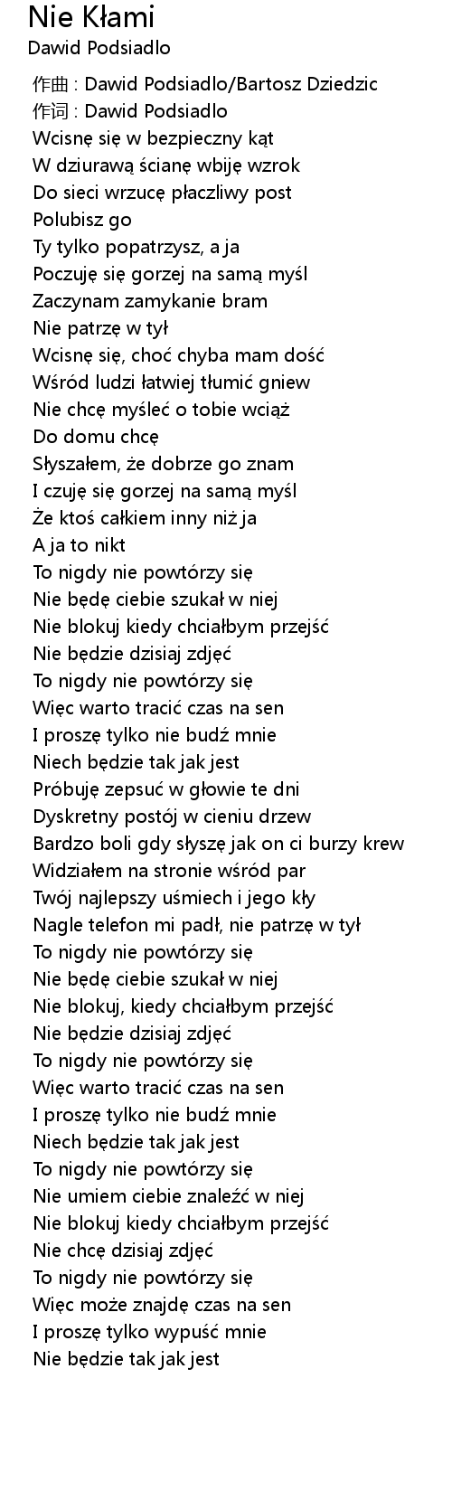 Dawid Podsiadło Nie Kłami Tekst