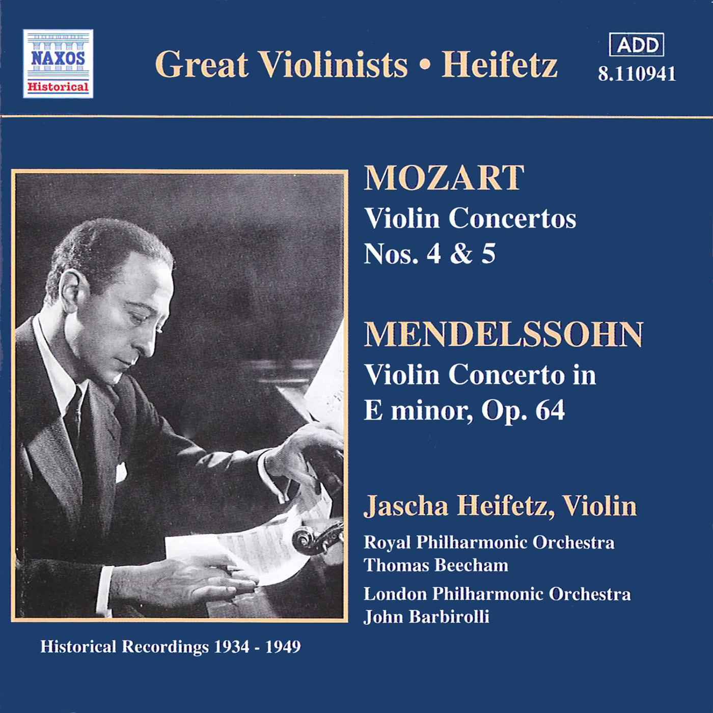 MOZART / MENDELSSOHN: Violin Concertos (Heifetz) (1934-1949)